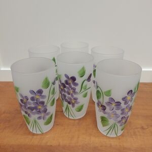 Set of 6 Vintage Hand Painted Violets Frosted Juice Glasses 10 Oz